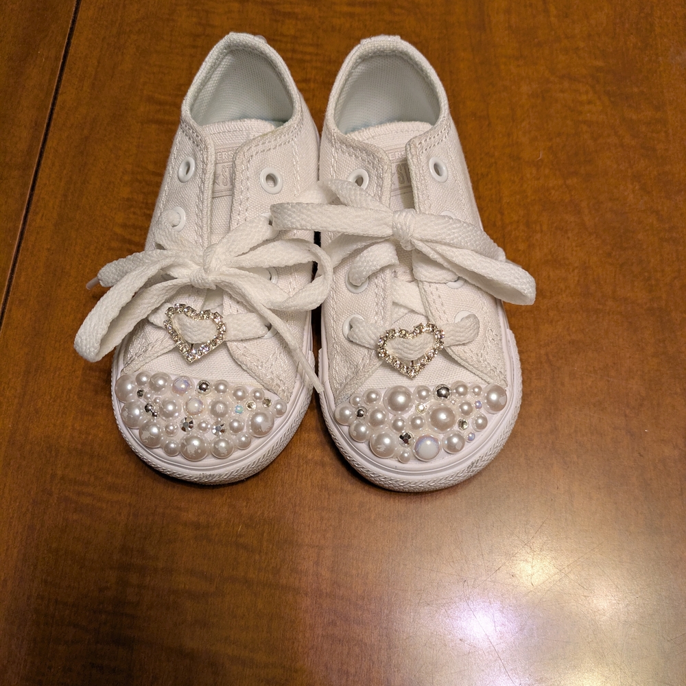 White Kids Shoes with Pearl and Heart Accents